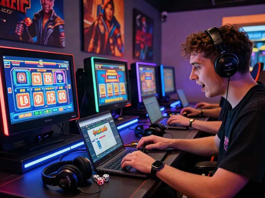 A thrill-seeker playing on akunjp's online gambling platform amidst vibrant gaming decor.