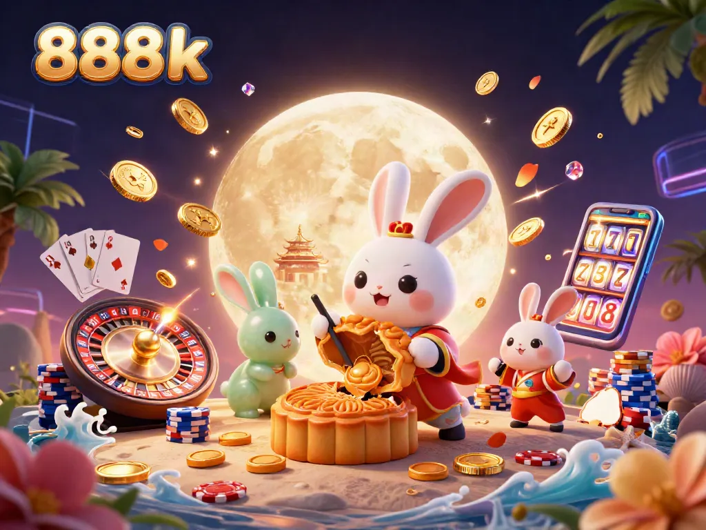 Experience winning at 888k with animated moon rabbit presenting poker chips from mooncakes.