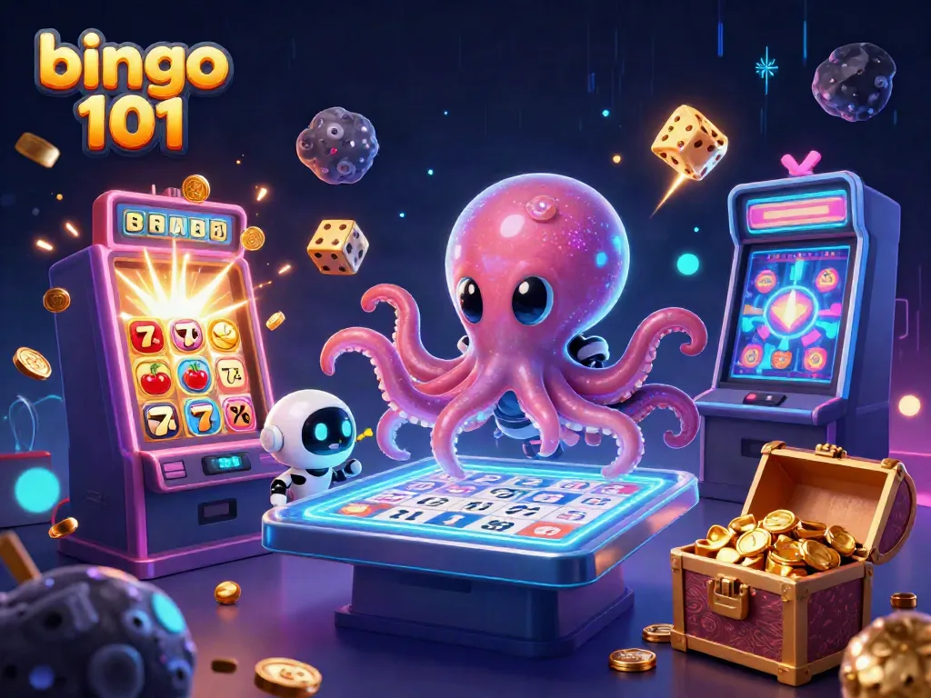 Experience thrilling bingo 101 action with a cosmic octopus and vibrant games in a dazzling setting.