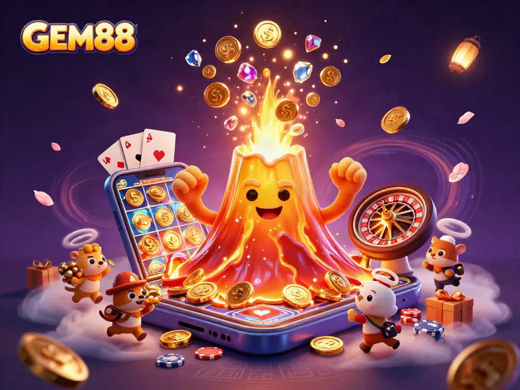 Engage with GEM88's thrilling gaming experience featuring an erupting volcano, golden treasure, and casino action.