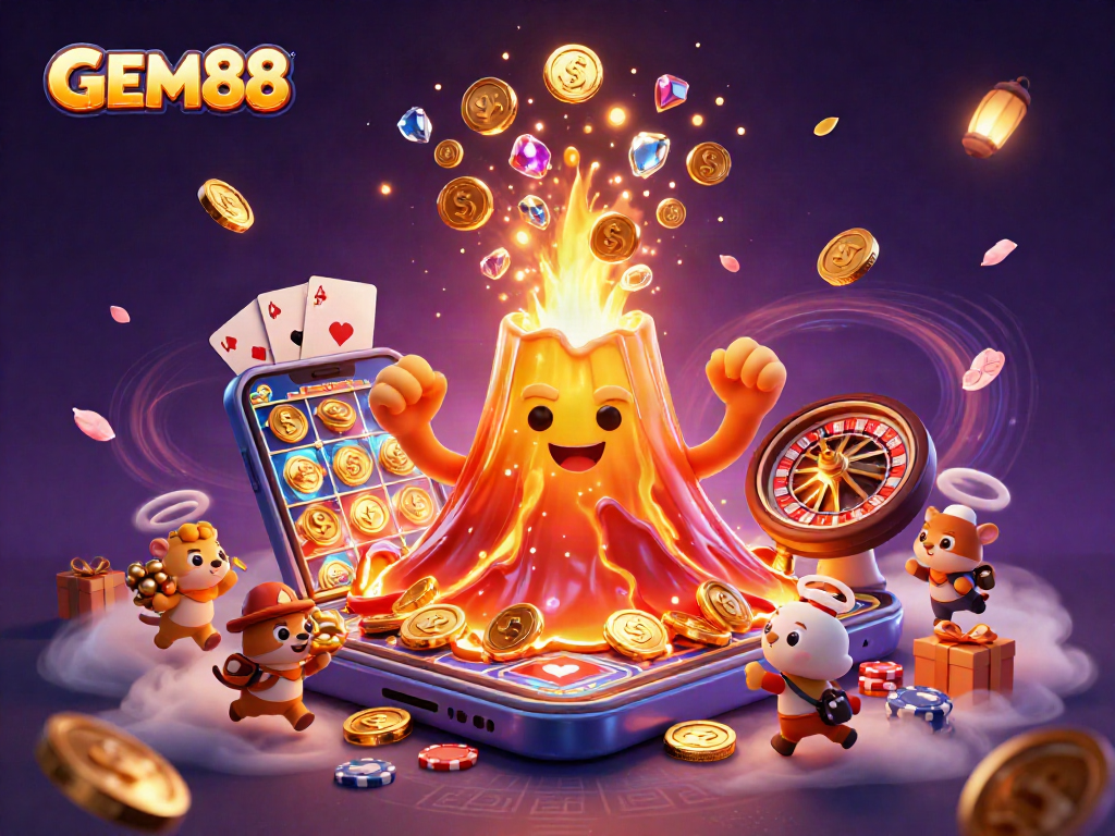 Engage with GEM88's thrilling gaming experience featuring an erupting volcano, golden treasure, and casino action.