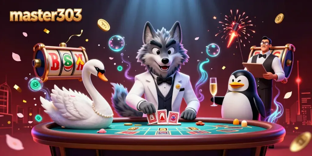 Permainan menarik di master303 dengan karakter kasino ikonik dan elemen slot berkilau.