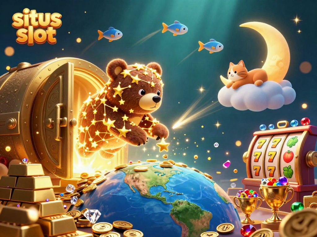 Explore exciting situs slot games with vibrant characters and treasure in this dynamic casino-themed illustration.