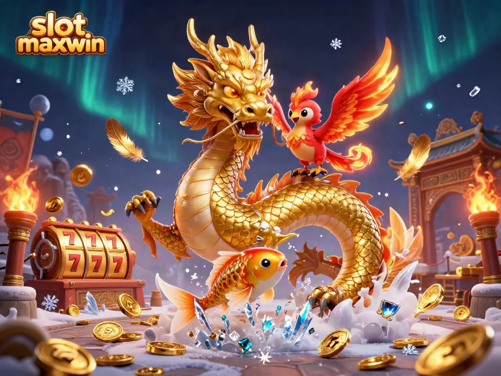 Experience slot maxwin with a majestic dragon, phoenix, and coins in a vibrant 3D scene.
