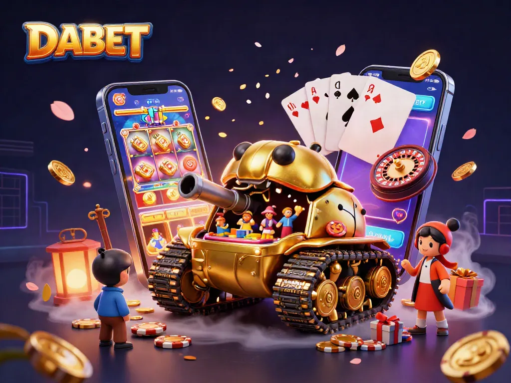 DABET transports players into a rich gambling experience within a magnificent golden tank casino illustration.
