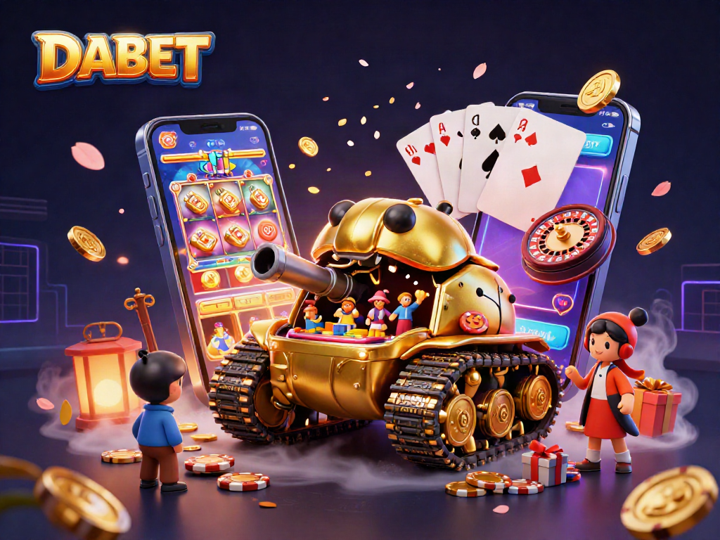 DABET transports players into a rich gambling experience within a magnificent golden tank casino illustration.