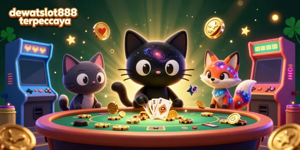 Permainan kartu remi di DEWATASLOT888 terpercaya dengan tema kucing hitam dan rubah nebula.
