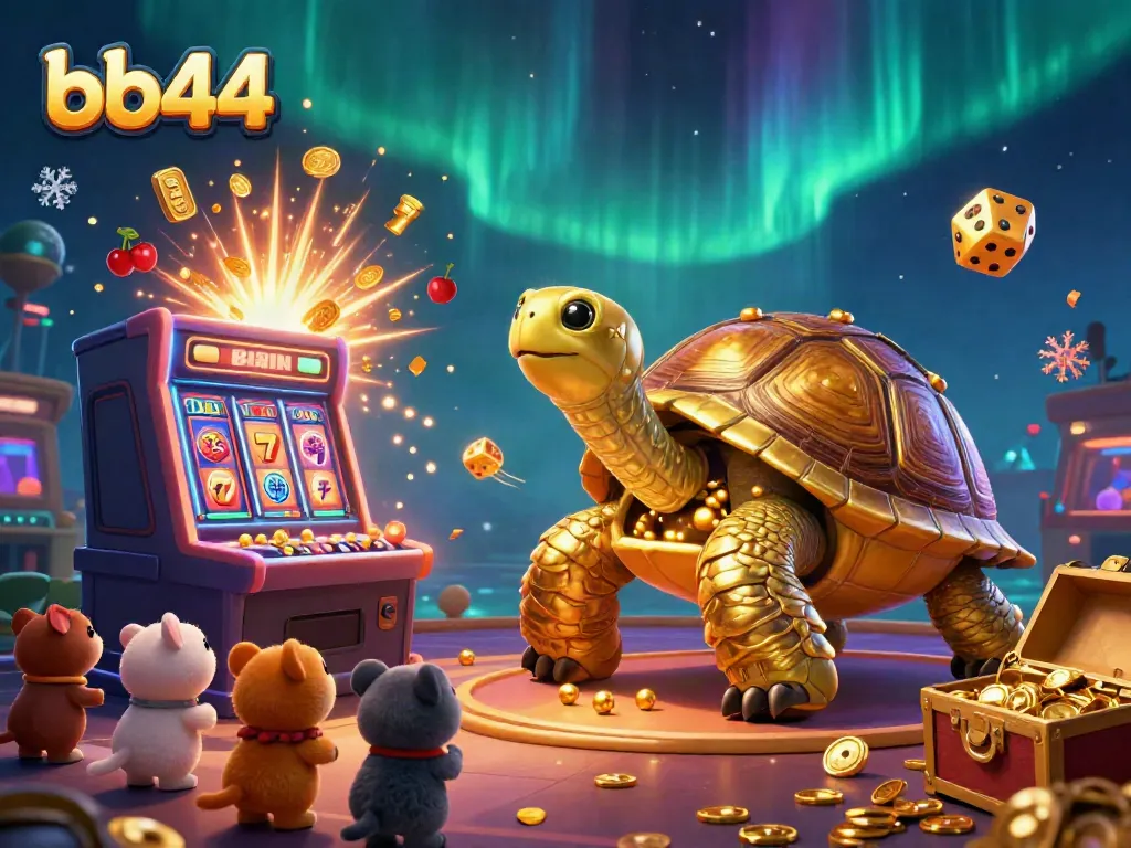 Experience gambling excitement with bb44, where a colossal golden tortoise pinball machine awaits eager players in a vibrant casino scene.