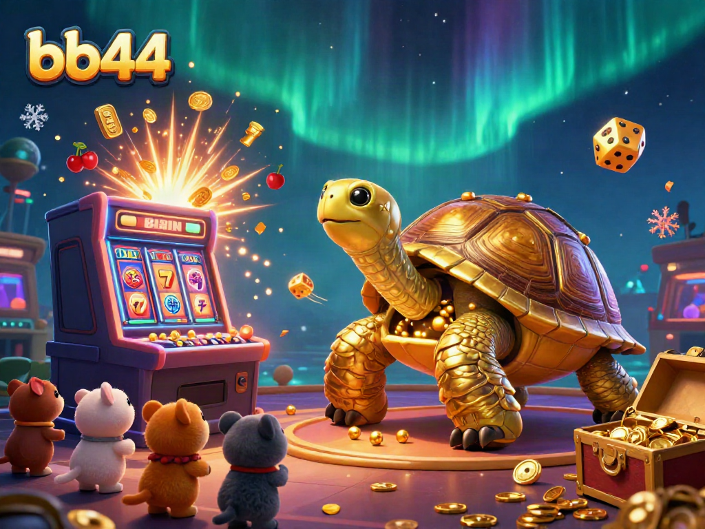 Experience gambling excitement with bb44, where a colossal golden tortoise pinball machine awaits eager players in a vibrant casino scene.