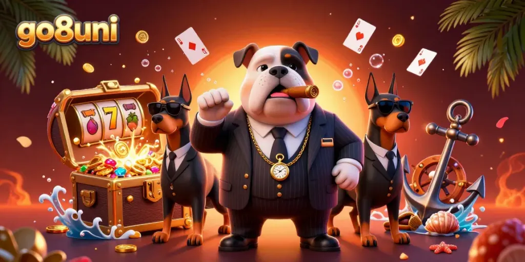 Engage with go8uni's thrilling casino scene featuring a mobster bulldog and Dobermans amidst slot reels and treasures.