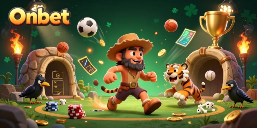 Experience high-stakes thrills at Onbet as a cartoon caveman and sabertooth tiger host a prehistoric casino.