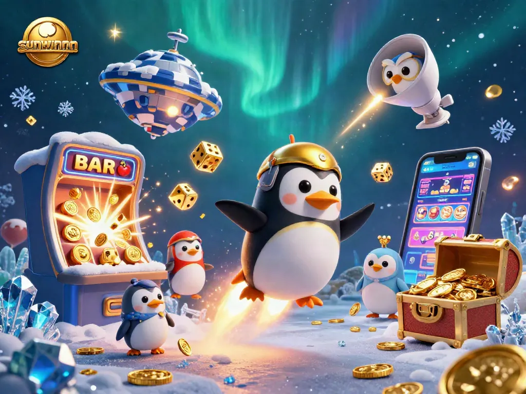 Experience the thrill of gaming with sunwinnn in this vibrant casino-themed 3D illustration featuring dynamic characters and jackpots.
