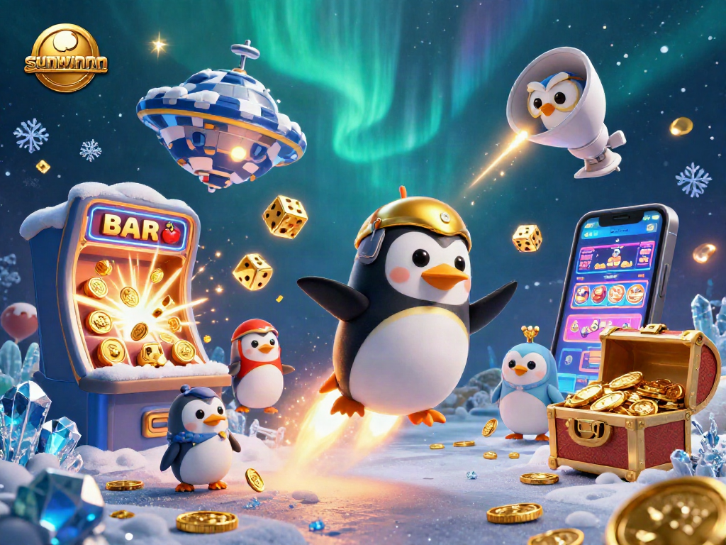 Experience the thrill of gaming with sunwinnn in this vibrant casino-themed 3D illustration featuring dynamic characters and jackpots.