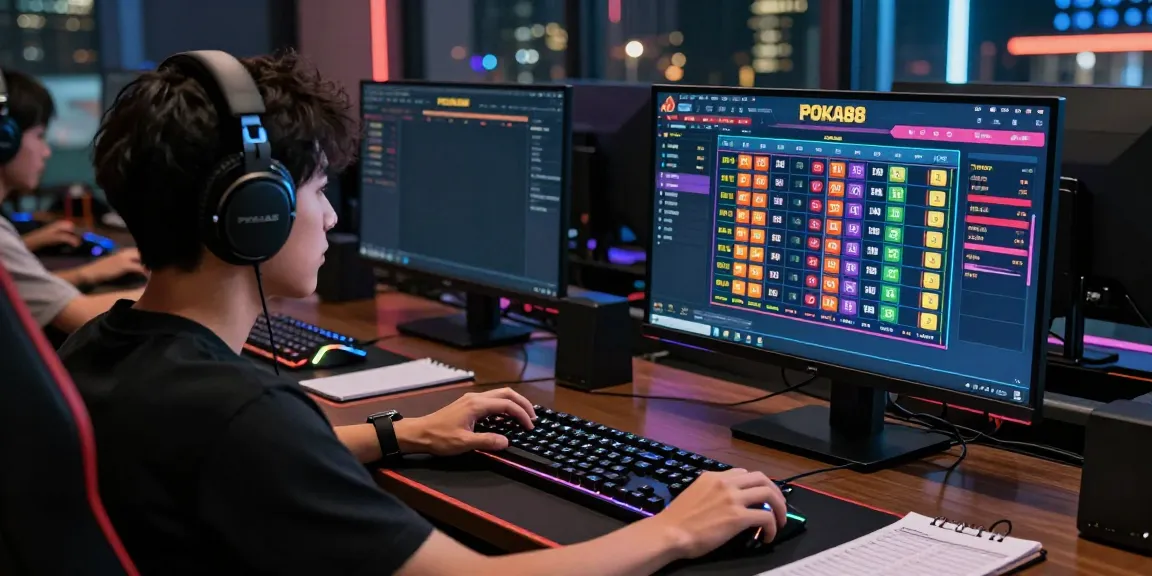 Player engaging in a focused online betting session on POKA88 platform with vibrant gaming setup.