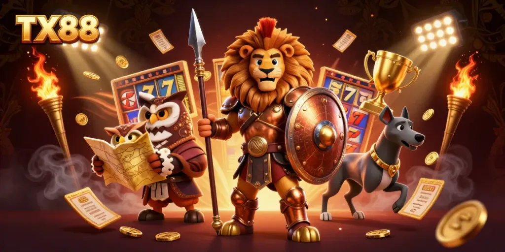 Engage with TX88 casino slots featuring a Spartan lion and strategic owl amidst exciting jackpot visuals.