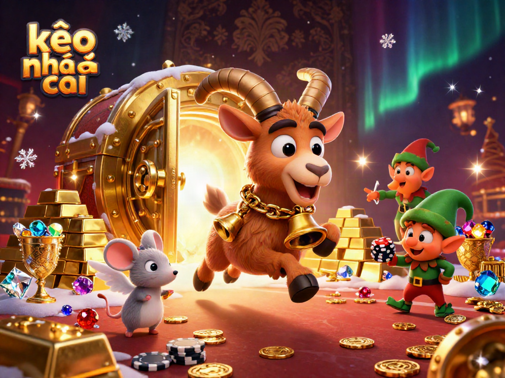 Experience kèo nhà cái with a festive casino scene featuring Krampus and whimsical characters amidst treasures.