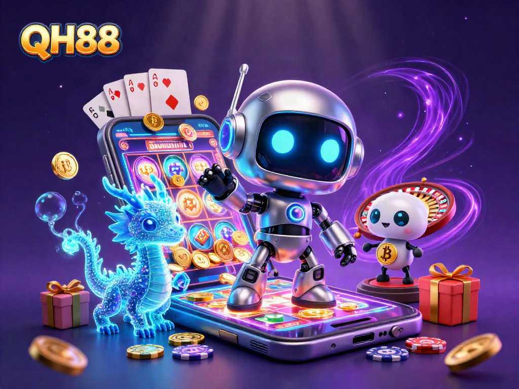 QH88 features an engaging 3D scene with a cyberpunk robot and futuristic gaming elements.