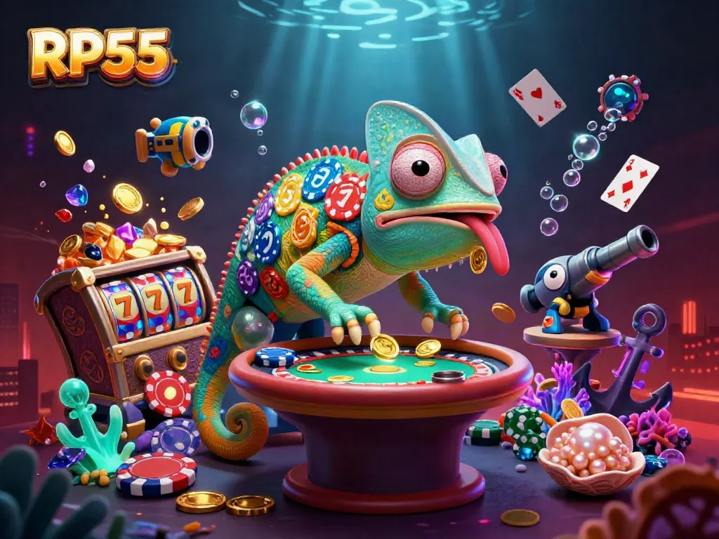 Experience RP55 with a 3D chameleon casino owner capturing gold coins while surrounded by exhilarating game elements.