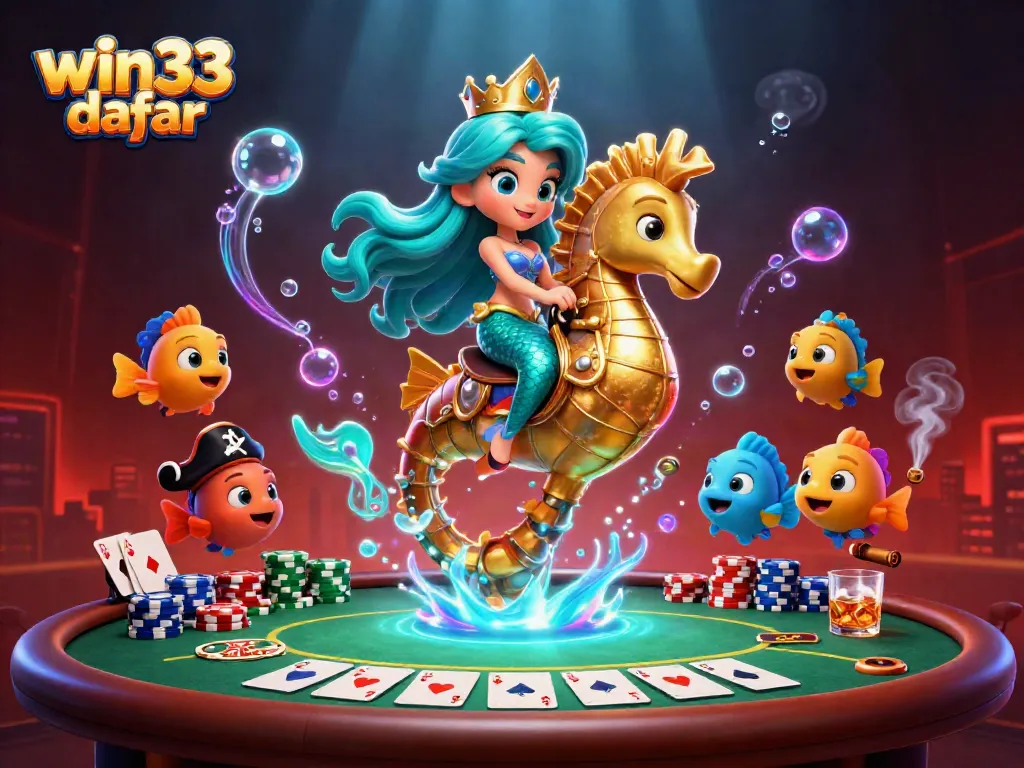 Win33 daftar inflatable banner featuring a vibrant mermaid and poker decor in a dynamic underwater setting.