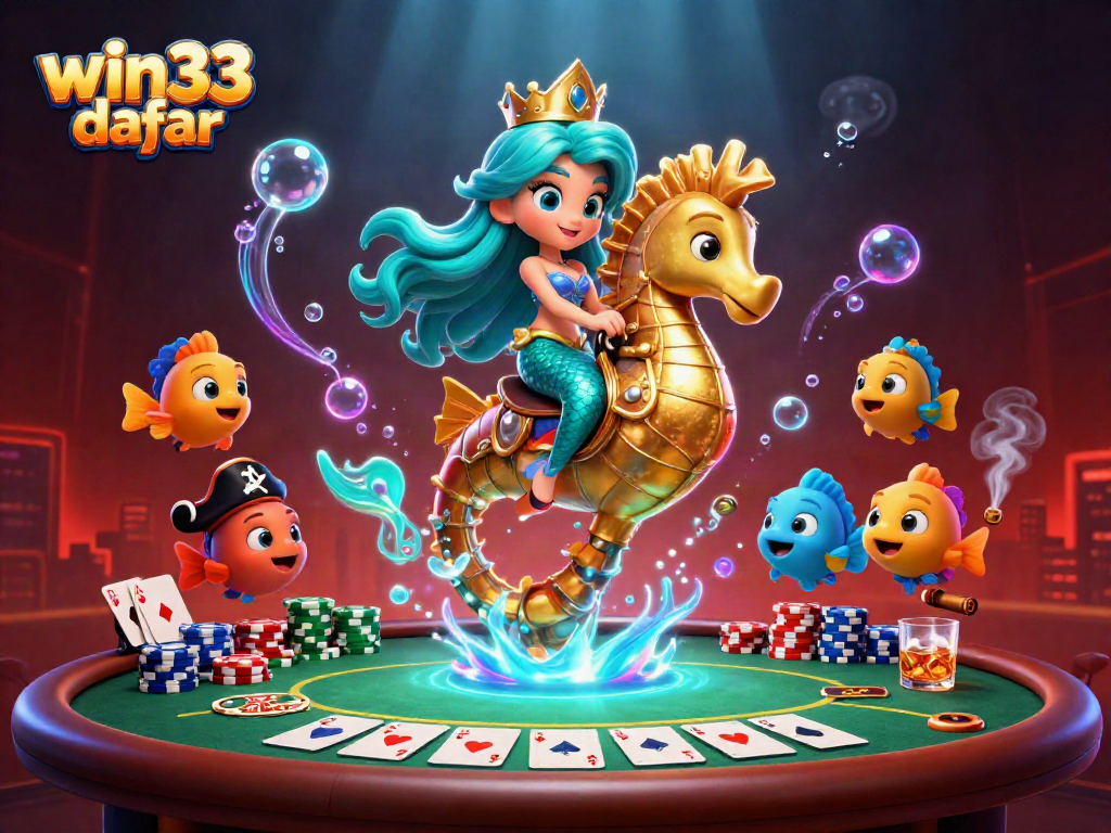 Win33 daftar inflatable banner featuring a vibrant mermaid and poker decor in a dynamic underwater setting.