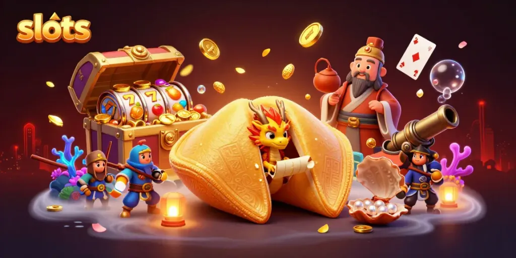Spin the slots featuring a golden fortune cookie and dynamic game elements in an exciting casino scene.