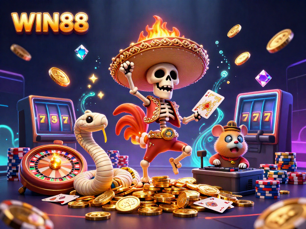 Experience the excitement of WIN88 with a dynamic casino scene featuring vibrant characters and casino elements.