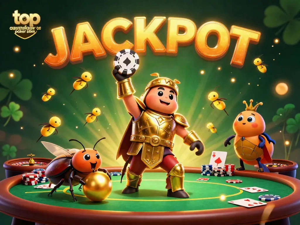 Exciting scene celebrating top australian poker sites with beetles, poker chips, and glowing casino elements.
