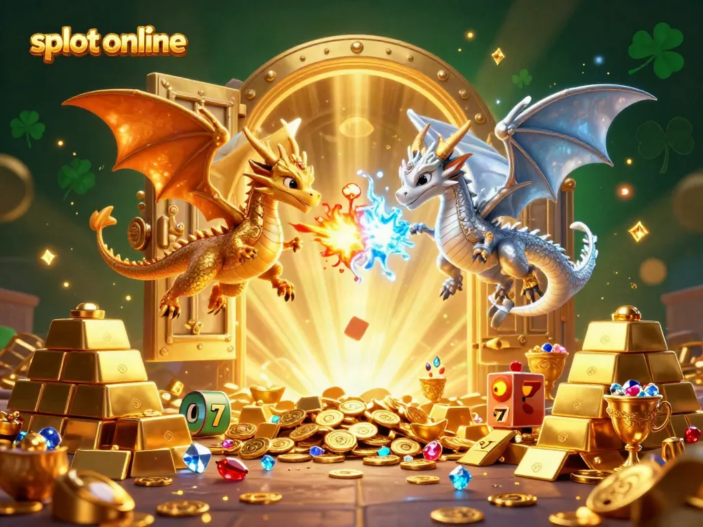 Experience thrilling slot online adventures with gold and silver dragon guardians amidst a treasure-filled backdrop.