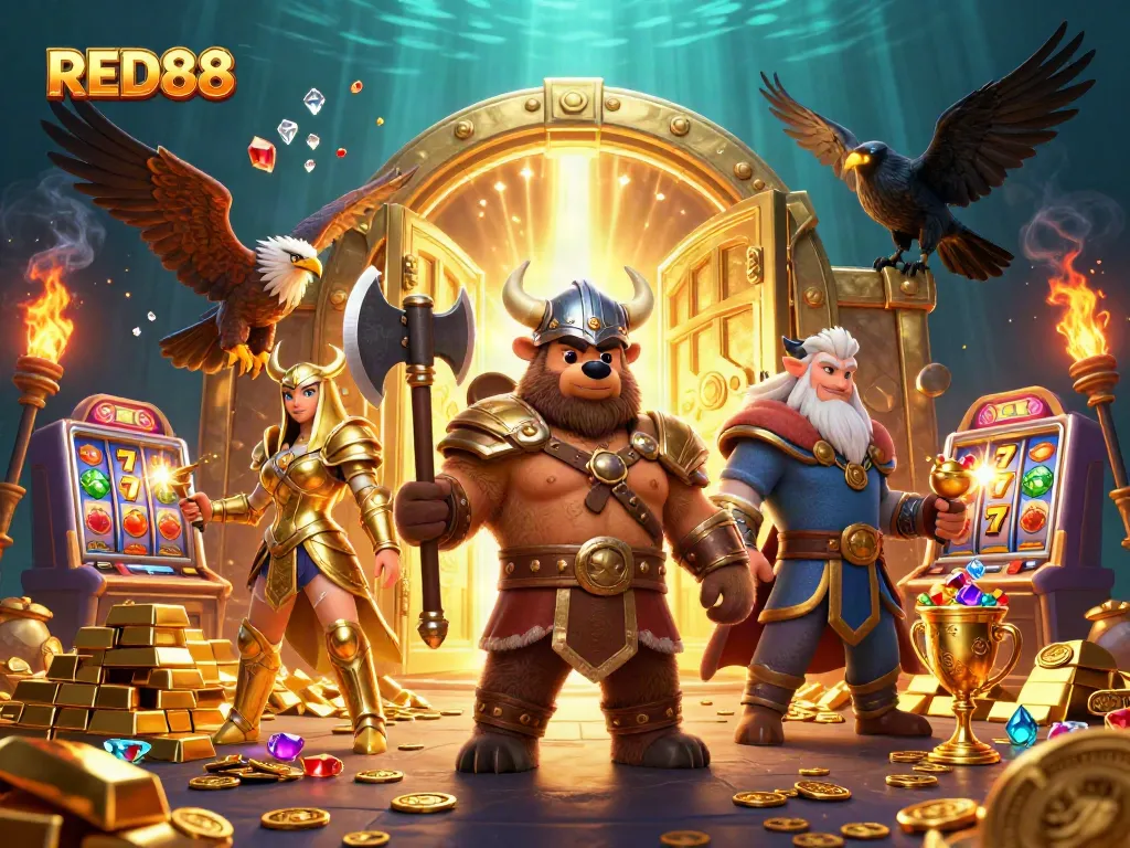 Experience thrilling gameplay with RED88 in a vibrant, treasure-filled casino world.