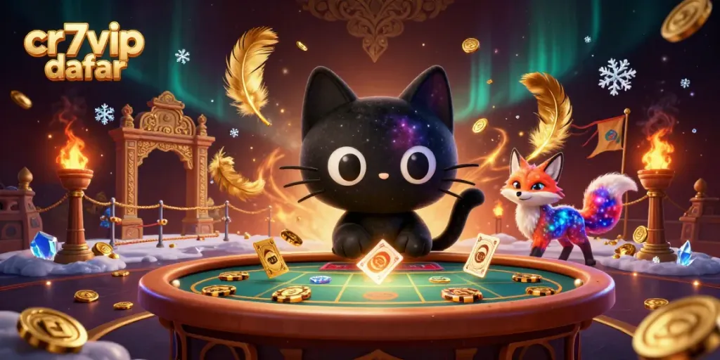 Visualisasi semarak dari cr7vip daftar dengan kucing hitam dan rubah nebula di kasino kosmik.