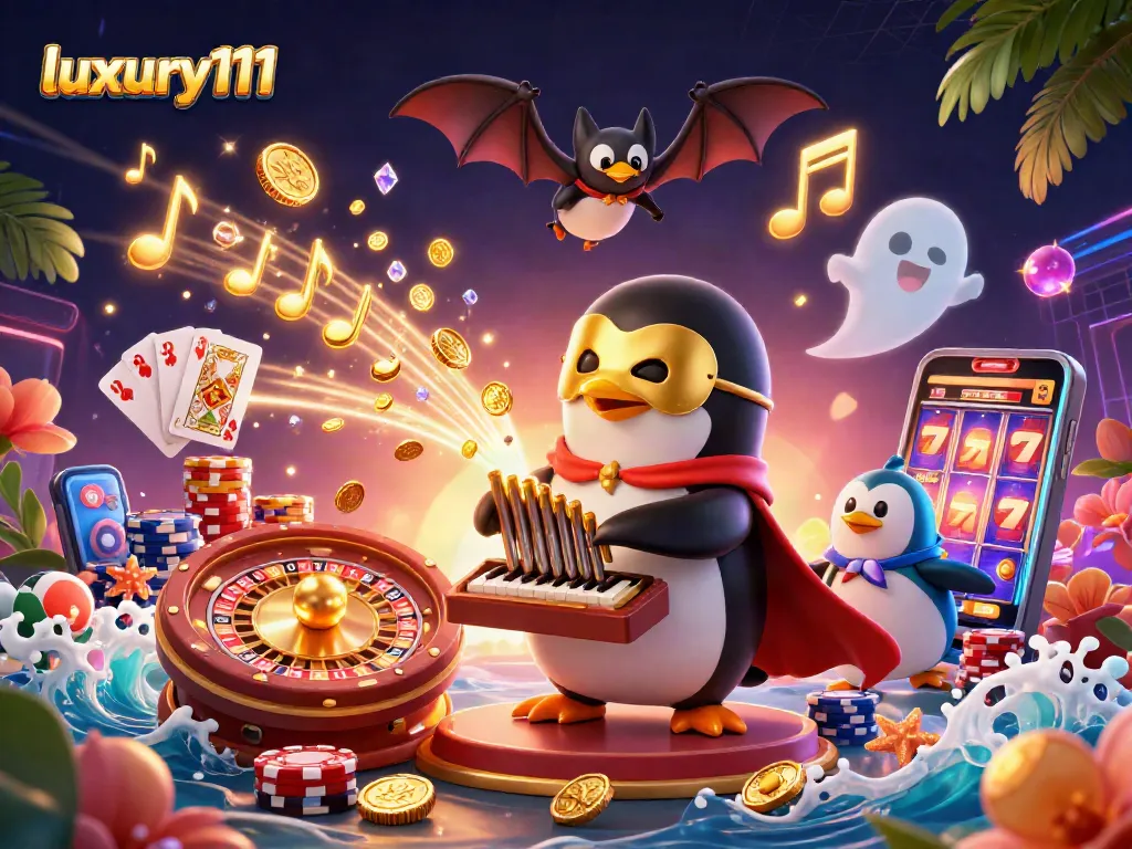 Experience thrilling wins with luxury111 in this vibrant casino illustration of a penguin playing a pipe organ.