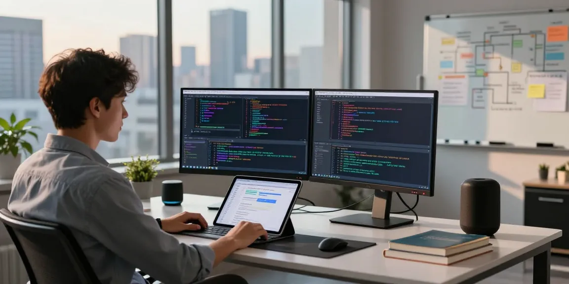 A vibrant tech workspace with the keyword go8 featuring monitors filled with code and design layouts, capturing a modern programming environment.