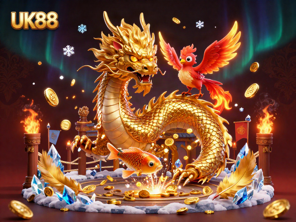 Experience the thrill of winning at UK88 with this dynamic casino illustration showcasing legendary symbols.