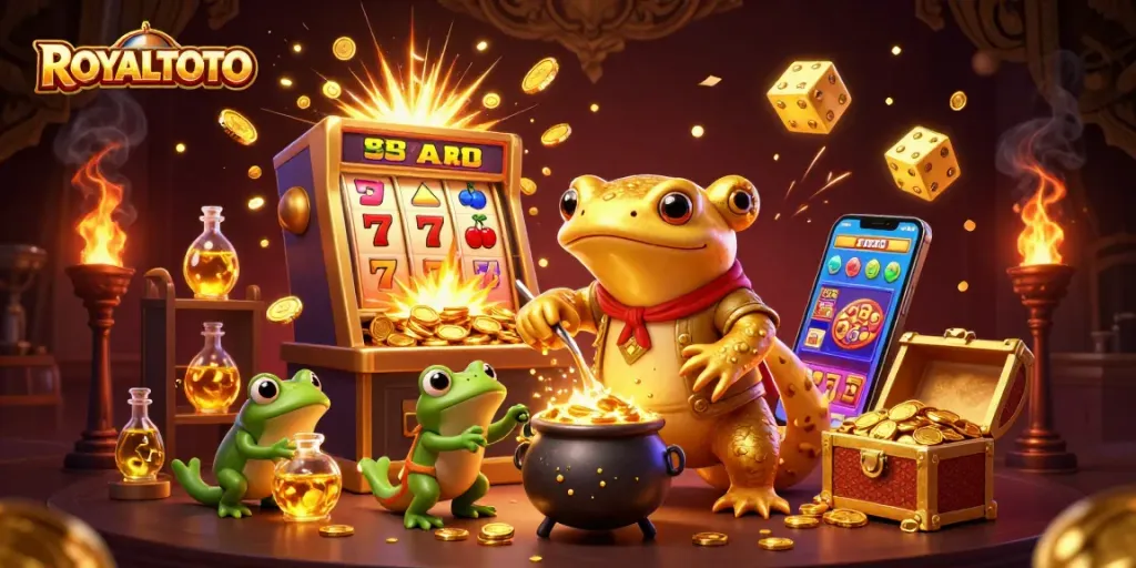 Experience the exciting gameplay at ROYALTOTO with golden coins flying from a massive slot machine, creating magical moments!