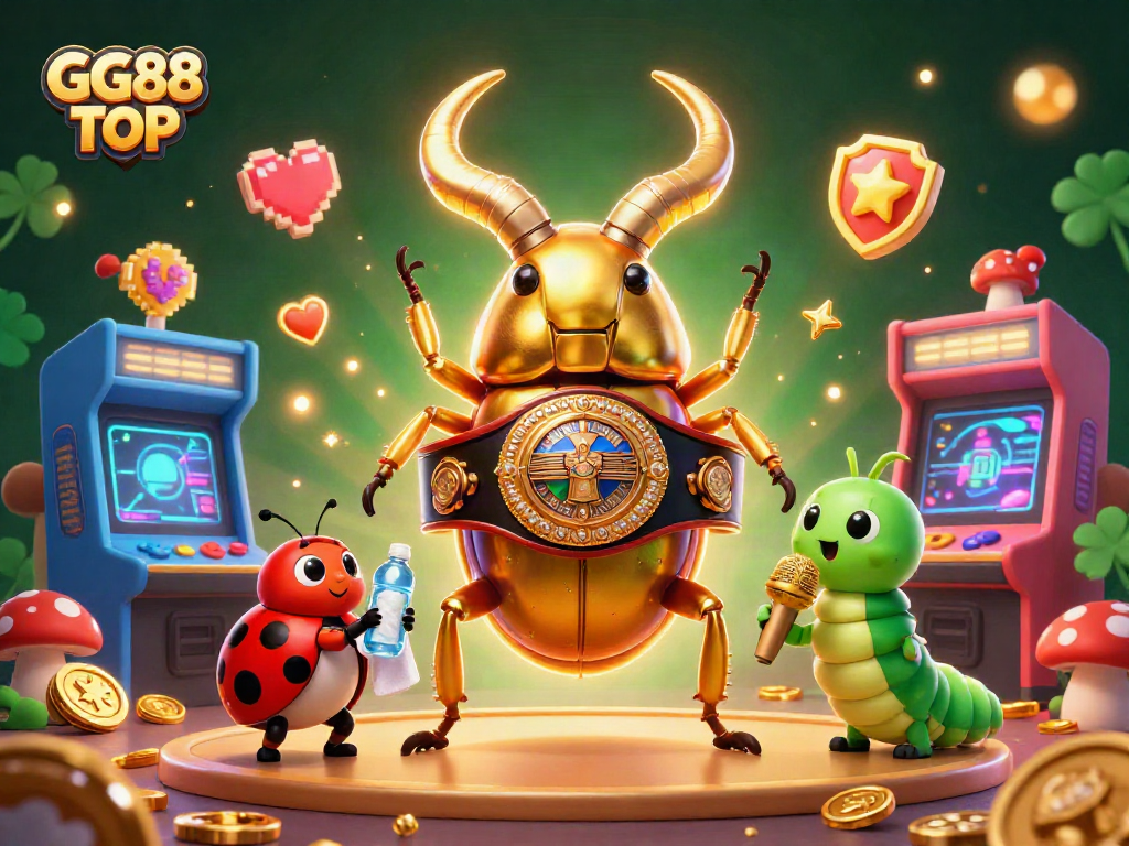 Engage with GG88 TOP, where a champion beetle competes in a vibrant casino showdown amidst dynamic gaming elements.