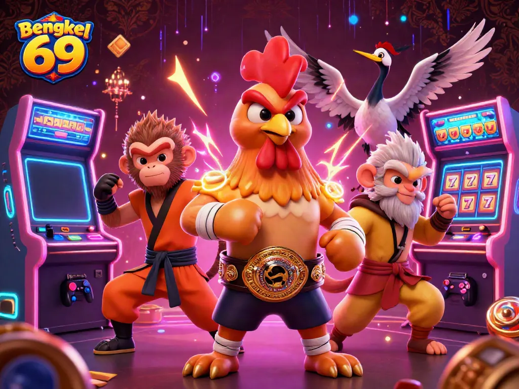 Bengkel 69 showcases an engaging scene of a Muay Thai rooster, a Shaolin monkey, and a wise crane amidst vibrant gambling elements, emphasizing strategic play.