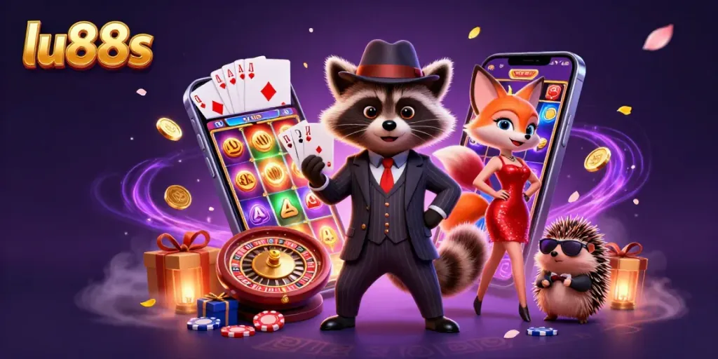 Experience thrilling moments with lu88s as the raccoon holds a winning hand surrounded by vibrant casino elements.