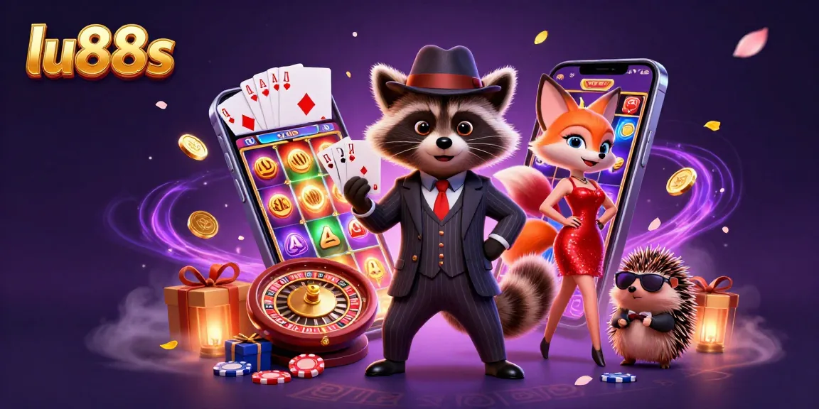 Experience thrilling moments with lu88s as the raccoon holds a winning hand surrounded by vibrant casino elements.