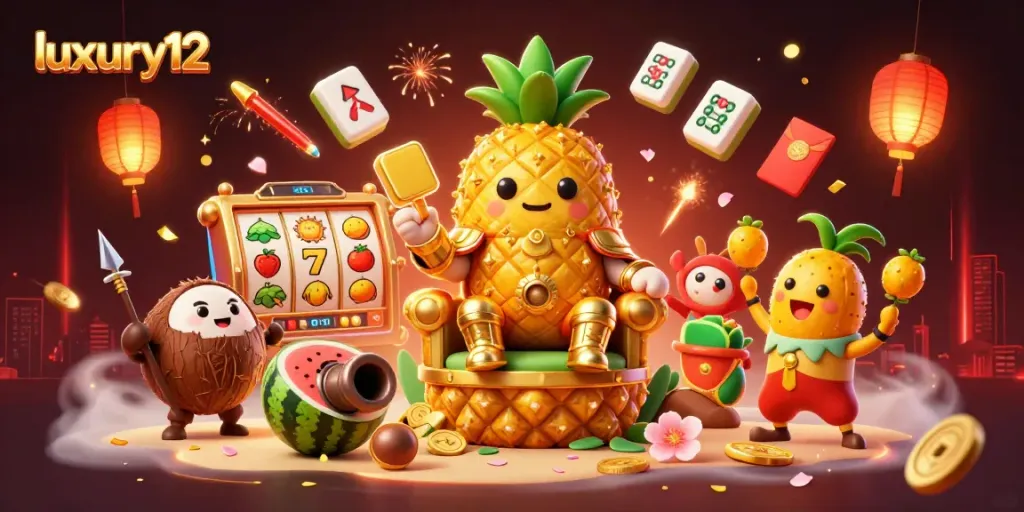 Luxury12 menampilkan raja nanas berkilauan di kasino, dikelilingi simbol keberuntungan dan atmosfer yang meriah.