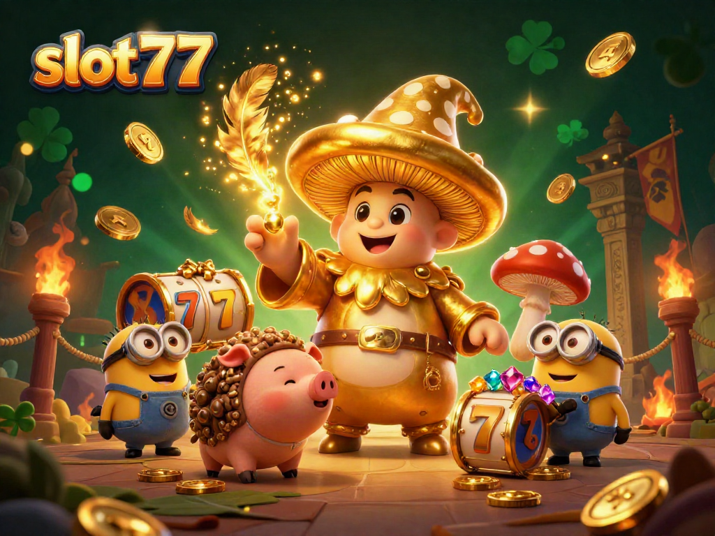 Menggandakan kesenangan bermain slot77 dengan ilustrasi sihir raja jamur dan teman-teman yang melambangkan Jackpot.