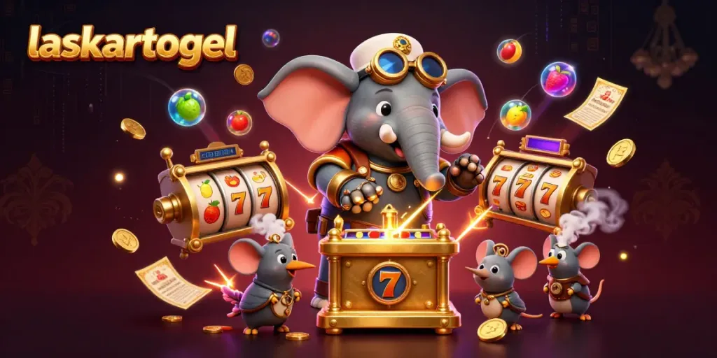 Experience thrilling gameplay with laskartogel as a steampunk elephant operates a vibrant slot machine.