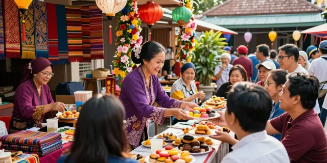 Experience Nyonya4D culture at a lively outdoor market with colorful pastries and traditional attire.