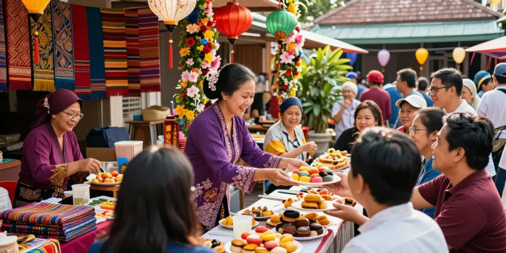 Experience Nyonya4D culture at a lively outdoor market with colorful pastries and traditional attire.