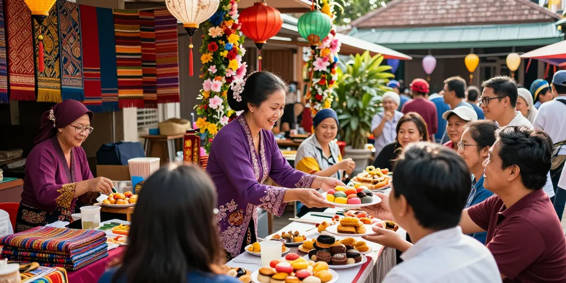 Experience Nyonya4D culture at a lively outdoor market with colorful pastries and traditional attire.