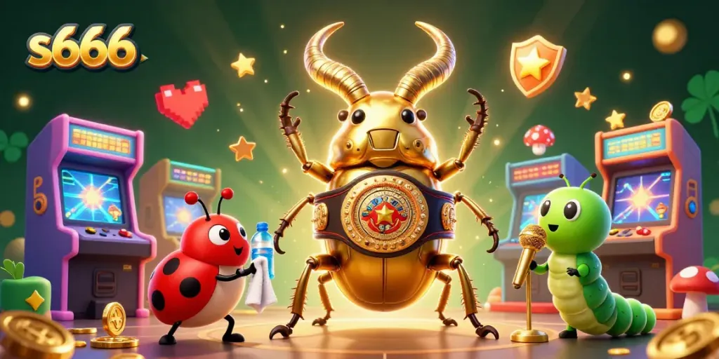 Engage with s666 gaming excitement featuring a giant beetle in a boxing ring atmosphere.