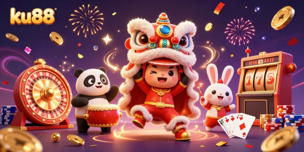 Experience exciting gaming at ku88 with vibrant characters, casino elements, and festive energy.