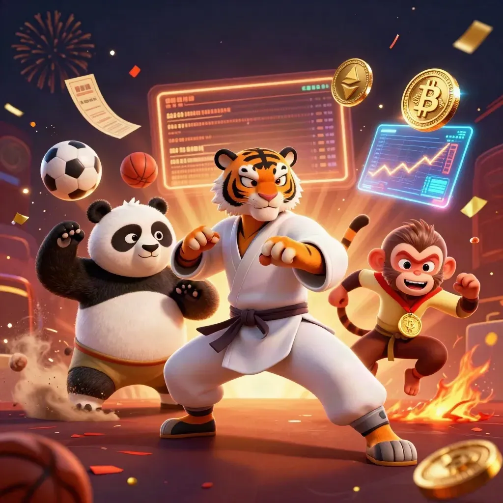 Kung-fu tiger, panda, and monkey amid casino coins, balls, lightning, and ember-lit fireworks.