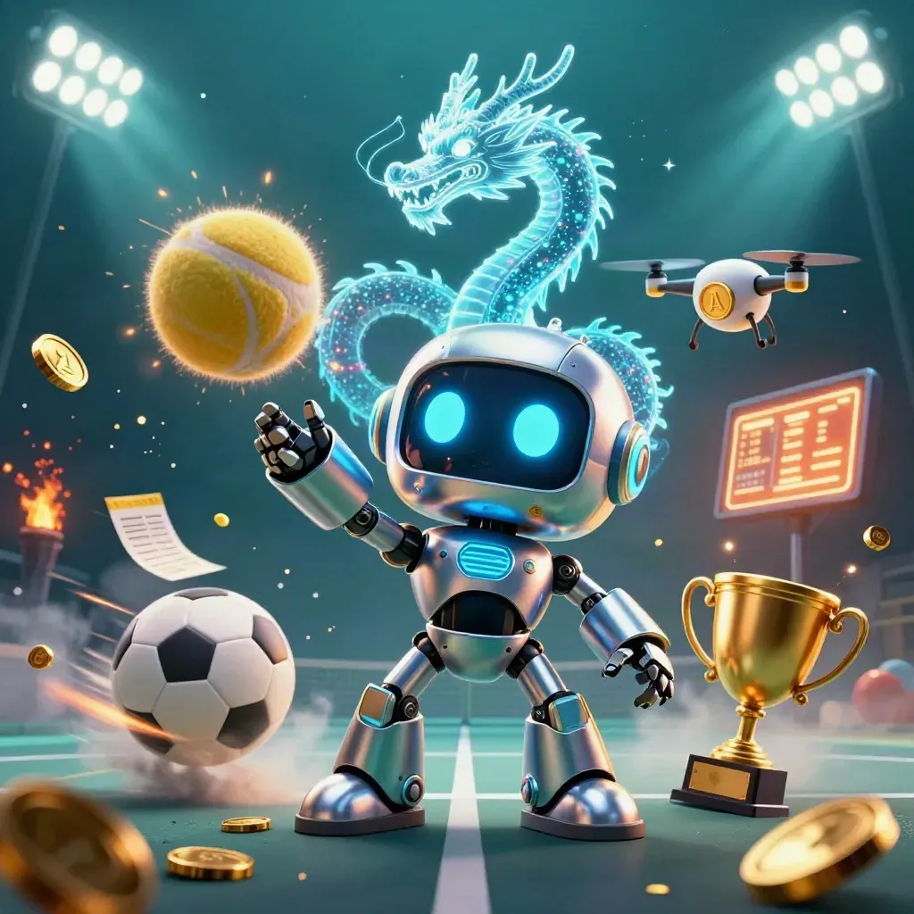 Cyberpunk robot, holographic dragon and coin drone amid flying tennis, soccer and basketball action