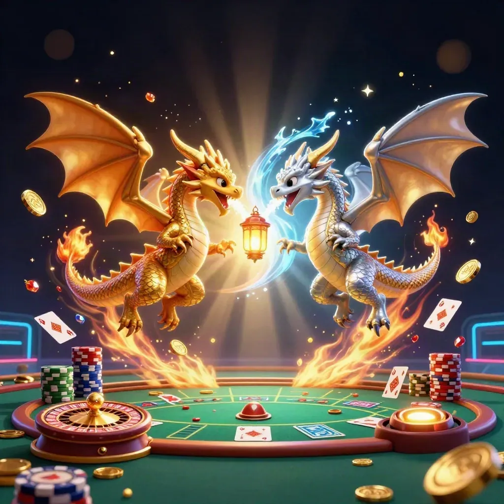 Twin gold and silver dragons whirl around a lantern spirit amid casino treasures and neon light.