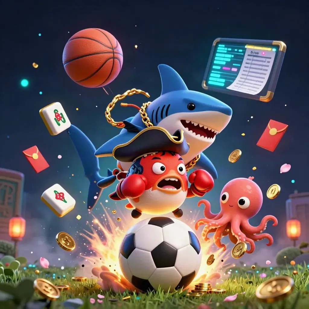 Low-angle fantasy football splash with pirate shark, pufferfish, octopus, and flying casino props.